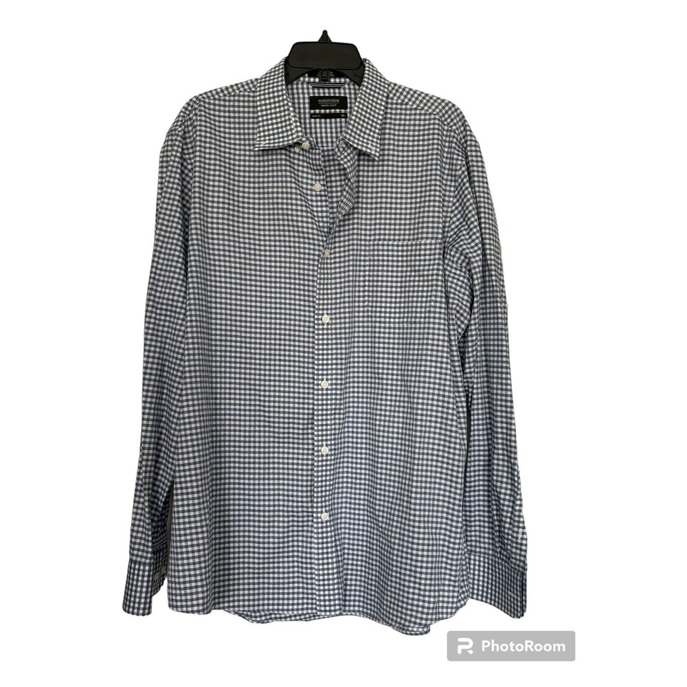 Nordstrom Trim Fit Non-Iron Blue Plaid Cotton Dress Button Down Shirt XL‎